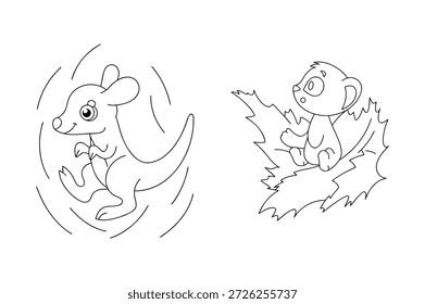 Encantadoras Ilustraciones en blanco y negro de un canguro y un lindo lémur, perfectas para libros para colorear para niños y proyectos de diseño de interiores