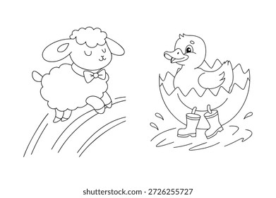 Charming Black and White Illustrations of a Lamb and Duckling, Perfect for Children's Coloring Books and Interior Design Projects