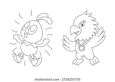 Charming Black and White Illustrations of a Rabbit and Eagle for Children's Coloring Books and Interior Design Projects