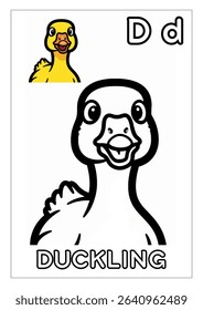 A charming black and white line art illustration of a cheerful duckling, perfect for coloring activities for children.