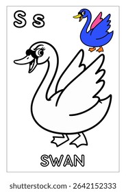 A charming black and white line art illustration of a swan, perfect for children's coloring activities.