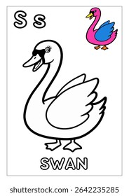 A charming black and white line art illustration of a swan, perfect for children's coloring activities or educational materials.