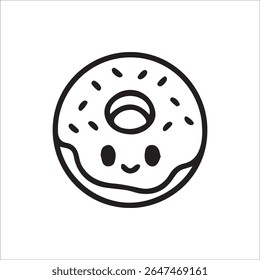 A charming black and white line art illustration of a happy cartoon donut with sprinkles. This adorable dessert icon is perfect for food related designs, children's content, or simple sweet visuals.