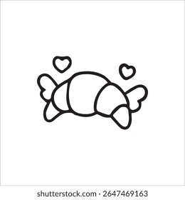 Uma encantadora ilustração em preto e branco com um encantador croissant adornado com dois corações bonitos. Ideal para temas de comida romântica, projetos de padaria ou conceitos de café da manhã doce.