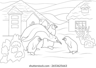 Encantadora linha preta e branca Arte de pinguins em uma paisagem de inverno com casas, ideal para projetos educacionais ou criativos.