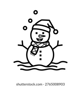 Charming black and white line art of a cheerful snowman afloat in gentle waves, ideal for winter-themed designs, educational materials, and seasonal marketing campaigns.