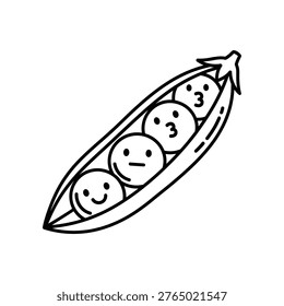 Charming black and white line art of a pea pod featuring playful smiling faces counting down from three. Ideal for educational materials, children's content, marketing, and creative projects.