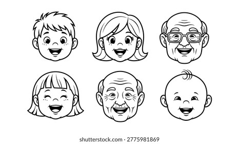 Charming black and white line art depicting the stages of human life from infancy to old age, each face smiling. Ideal for educational materials, healthcare marketing, family-themed designs, and editorial content on aging and growth.