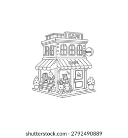 A charming black and white line art illustration of a two-story cafe building designed in a cute kawaii style. The shop features striped awnings, arched windows, and multiple 'CAFE' signs, with a small rabbit and cat sitting by the entrance. This coloring book page includes details like potted plants, a wooden bench, and a cozy interior visible through the windows, perfect for children and adults alike.