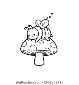 A charming black and white line art illustration of a tiny, adorable bee peacefully sleeping on top of a spotted mushroom. The minimalist design features clean outlines, making it perfect for children's coloring books, stickers, or simple decorative graphics. The bee is depicted with closed eyes and small 'z' characters to signify deep sleep in a whimsical forest setting.