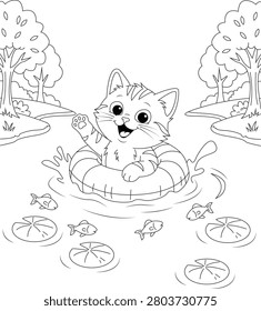 A charming black and white line art coloring page featuring a happy, adorable kitten floating in a pond with an inflatable swimming ring, surrounded by fish and lily pads, designed for children’s creative activities.