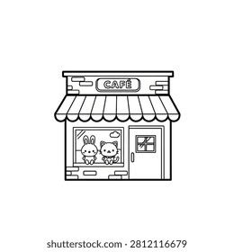 A charming black and white line art illustration of a small cafe storefront. A cute bunny and a cat are visible through the large front window, sitting side-by-side. The building features a striped awning, a brick-textured facade, and a clear sign labeled 'CAFÉ', making it an ideal design for coloring books or minimalist icons.