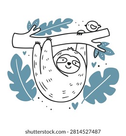 A charming black and white line art illustration of a happy sloth clinging to a branch with a tiny bird companion.