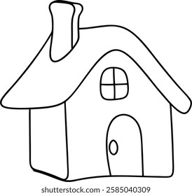 A charming black and white line drawing depicts a small house with a simple design, featuring a roof, chimney, window, and door. Its a cute, childlike illustration.