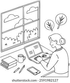 A charming, black and white line drawing depicts a woman working at a desk, seen from a slightly elevated angle.