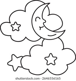 Um charmoso desenho de linha preta e branca de uma lua crescente com um rosto sorridente aninhado entre nuvens macias e estrelas, isolado em um fundo branco. Perfeito para temas infantis.