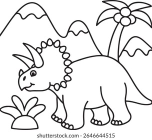 A charming black and white line drawing of a Triceratops dinosaur standing in a prehistoric landscape with mountains and a palm tree, perfect for children's coloring pages.
