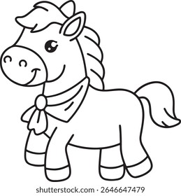 A charming black and white line drawing of a cartoon horse wearing a bandana. This adorable equine is perfect for children's books, coloring pages, and farm-themed designs.
