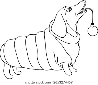 A charming black and white line drawing depicts a dachshund dog in a striped sweater, playfully holding a Christmas ornament.