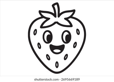 Um charmoso desenho de linha preto e branco de um personagem de morango feliz com um rosto sorridente, perfeito para as atividades de coloração das crianças e uso educacional.