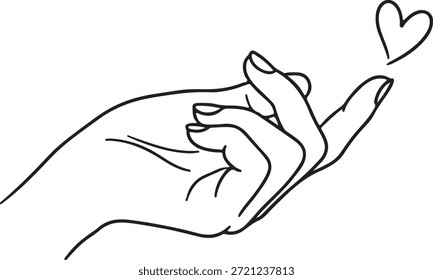 Eine bezaubernde schwarz-weiße Zeichnung einer Hand, die die beliebte Fingerherzbewegung ausführt und Liebe, Zuneigung und Wertschätzung symbolisiert.