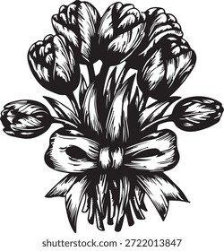 Encantador dibujo de líneas en blanco y negro de flores de tulipán frescas con un bonito lazo, ideal para temas de primavera o saludos.