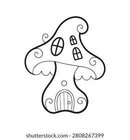 A charming black and white line drawing of a whimsical mushroom house with windows and a door