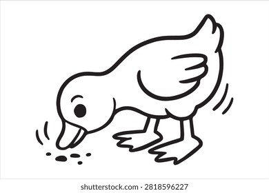 A charming black and white line drawing of a fluffy duckling busily pecking at small seeds or grains on the ground. Perfect for educational or playful content.