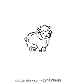 A charming black and white line drawing of a fluffy little lamb stands peacefully while showcasing its thick woolly coat and gentle expression for a delightful artistic rendering of farm.   