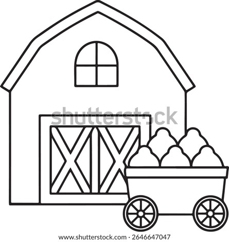 A charming black and white line drawing depicts a classic barn with double doors and an arched window, accompanied by a cart filled with rounded hay bales.