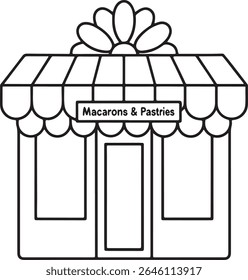 Charmosos Macarões e Pastéis Preto e Branco Loja de Ilustração Apresentando um Arco Adorável Decoração do Telhado e uma Estrutura encantadora para um doce toque