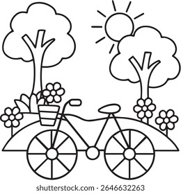 A charming black and white outline drawing depicts a bicycle with a flower-filled basket parked in a sunny park scene with trees and blooming flowers.