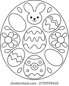 Charming black and white outline of an Easter egg filled with decorated eggs, a bunny, flowers, and leaves, perfect for coloring activities.
