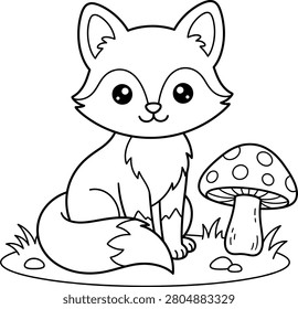 Charming black and white outline of a fox sitting beside a spotted mushroom, ideal for children's coloring activities and creative projects. Perfect coloer page.
