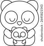 A charming black and white outline illustration of a mother panda holding her baby panda, both with closed eyes and a sweet expression, isolated on a white background.