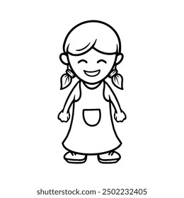 Una encantadora ilustración de contorno en blanco y negro de una niña con coletas, sonriendo brillantemente.