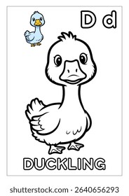 A charming, black and white outline illustration perfect for coloring, featuring a cute baby duckling.