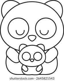 Um encantador esboço preto e branco ilustração de uma mãe panda segurando seu bebê panda, ambos com olhos fechados e uma expressão doce, isolado em um fundo branco.