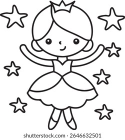 A charming black and white outline illustration of a happy cartoon ballerina wearing a crown and tutu, surrounded by twinkling stars, perfect for coloring pages.