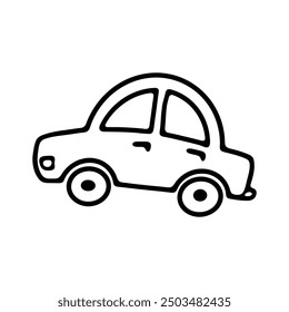 A charming black and white outline of a small car, featuring rounded shapes and a simplistic design.