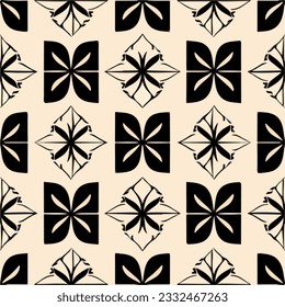 Charming black and white pattern on a beige background, featuring peppermint motifs reminiscent of the art deco era. Its repetitive nature makes it suitable for fabric and textile designs.