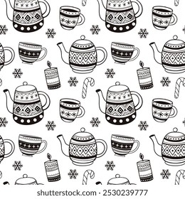 Charming black and white pattern of teapots, mugs, and festive decor for cozy gatherings. A lovely mix of textured teapots, mugs, and holiday elements creates a cozy atmosphere.