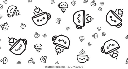 Un encantador patrón sin fisuras en blanco y negro con tazas de dibujos animados lindas y sonrientes con corazones flotando, dispersos en un fondo blanco.