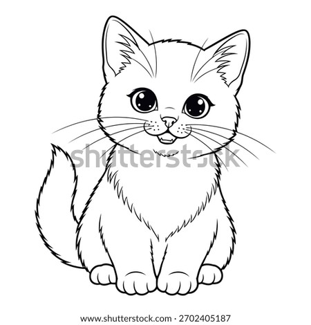 A charming black and white sketch of a cute kitten with large, captivating eyes.