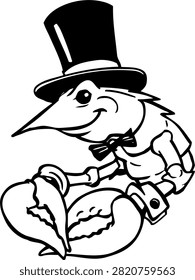 Charming black and white vector cartoon illustration of a gentleman lobster or crawfish wearing a top hat and bowtie, isolated on a white background. Perfect for seafood restaurant logos, mascots, stickers, and apparel prints.