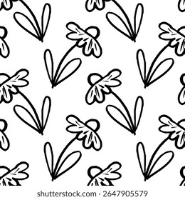 Charming black and white vector floral pattern with simple daisies and leaves suitable for various creative projects