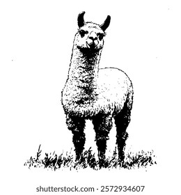 charming black and white vector illustration of a llama standing on grass, crafted with fine details and a touch of rustic elegance for a natural and serene design.