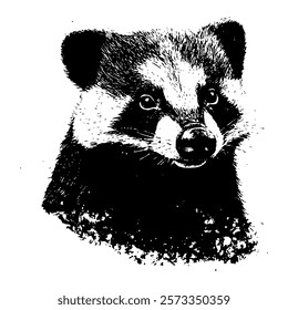 charming black and white vector illustration of a raccoon, crafted with intricate textures and shading to emphasize its playful and curious nature.