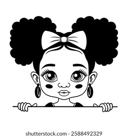 Charming black and white vector illustration of a cute girl with puffy buns, a bow, and earrings. Beautiful line art, perfect for coloring books, prints, digital designs, and creative projects.