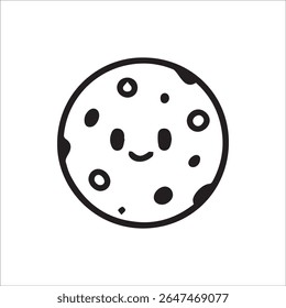A charming black and white vector illustration of a cartoon cookie featuring a friendly smile and chocolate chips perfect for various design projects and sweet themes.